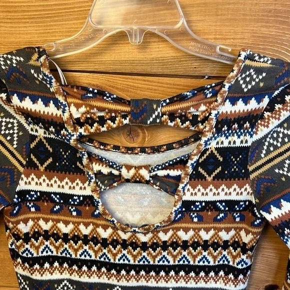 Forever 21 Geometric Print Bow‎ Back Mini Dress S/P Bodycon Boho Retro Tribal - Picture 4 of 9